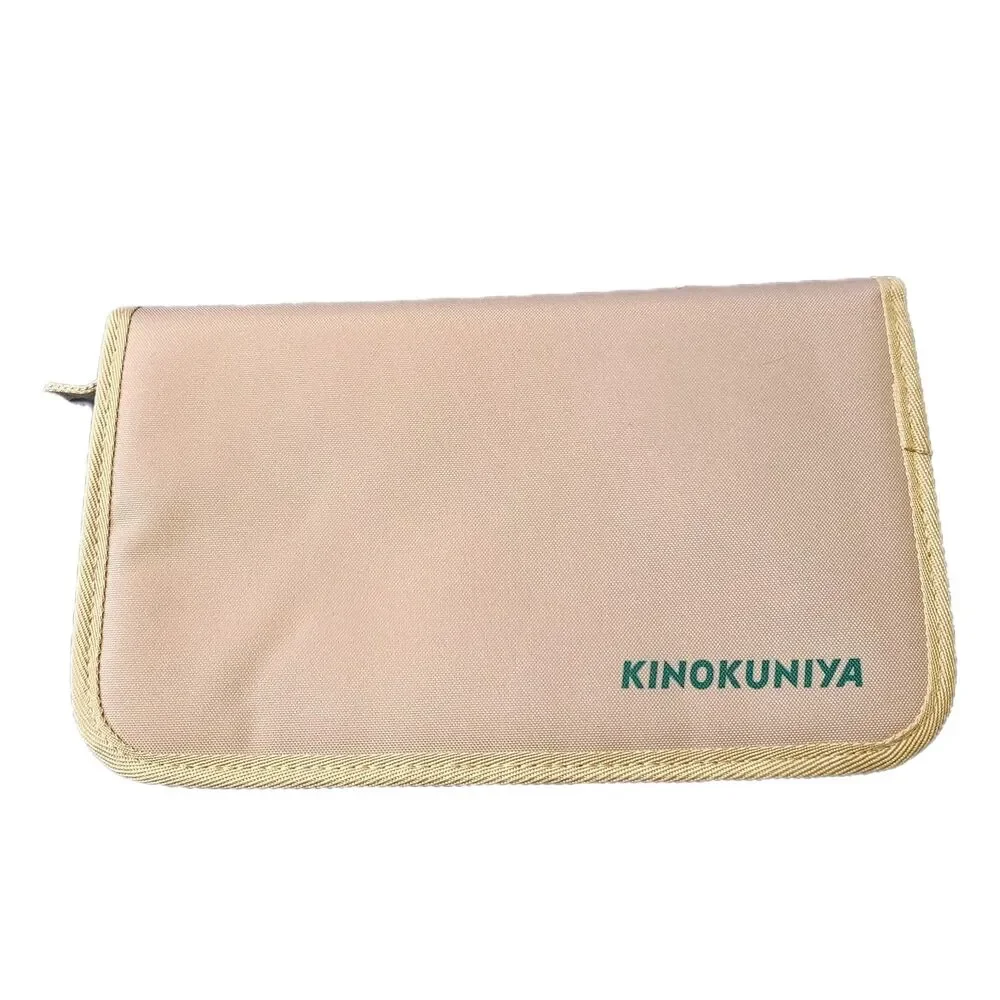 Kinokuniya x Japan NWOT Beige & Green Eco Canvas Zippy Organizer Pouch Case - Picture 2 of 11